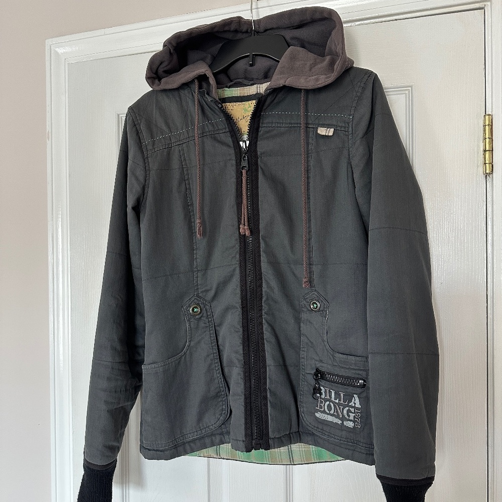 RARE Y2K Vintage Billabong Gray Hooded Utility Jacket Women's Large